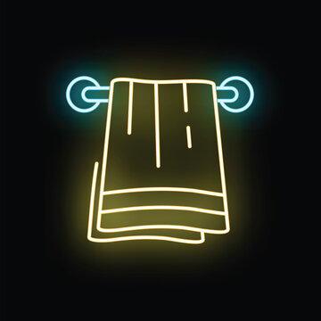 Neon glowing yellow towel hanging on a blue rack, creating a bright bathroom icon
