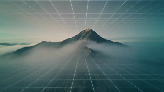 Mountain Peak Emerging Through Clouds with Grid Overlay