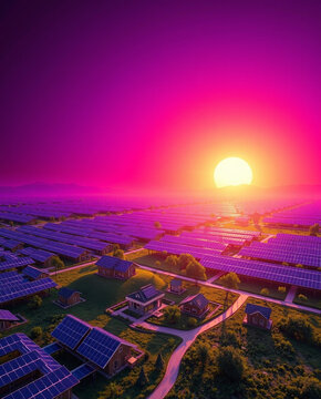 Aerial solar farm at sunset with houses and panels glowing like new planet as energy infrastructure harmonizes with rural landscape in warm vibrant light