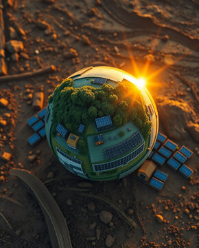 Planet as energy infrastructure miniature globe with solar panels forest rooftop gardens and sunset glow showing sustainable technology and green construction inspiring future living