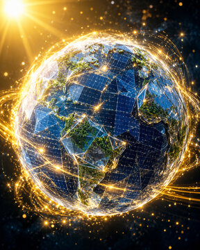 Planet powered as glowing energy network over solar panel covered earth showing sustainable infrastructure and golden light connections creating hopeful atmosphere