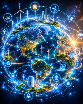 Planet energy infrastructure as networked global cityscape connecting renewable power sources and smart grid technology creating hopeful futuristic scene with light and motion