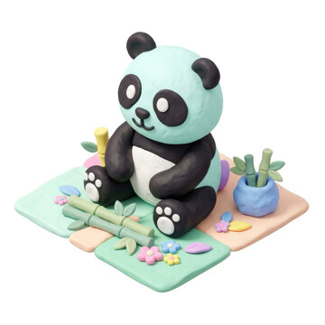 panda sitting with the object with the clay modling and blurred bulurry depth of field 