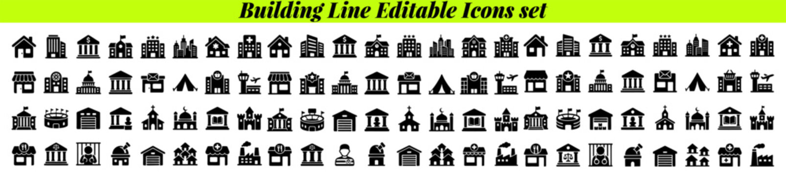 Building Icon Set. House, Office, Bank, School, Hotel, Shop, University and Hospital Solid Vector Illustration Collection
