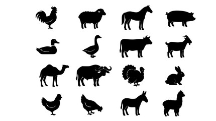 Obraz premium Animal Silhouette Icons Set with 16 Black Farm and Woodland Creatures for Flexible Illustration and Design Use
