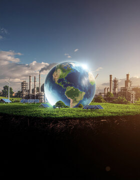 Planet as symbol of clean energy and resilient infrastructure on green field with solar panels wind turbine and industrial skyline conveying hope and responsibility