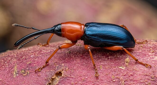Lateral view of adult metallic blue and orange sweet potato weevil on tuber