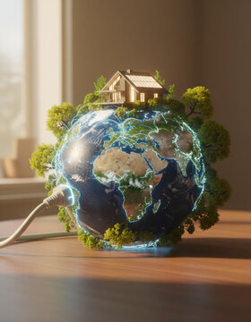 Planet as energy infrastructure powered globe with home and trees glowing with electric lines conveying sustainable living and connected nature in warm interior scene