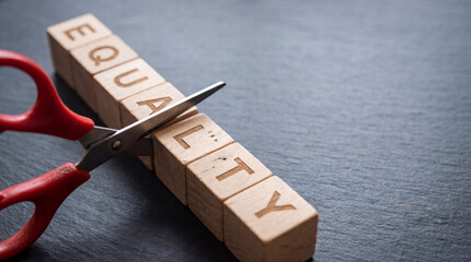 A pair of sharp red scissors lying next to wooden blocks spelling the word equality on a dark textured surface background