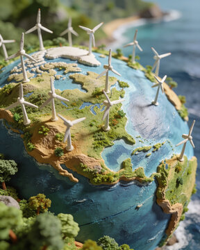 Wind turbine planet as energy infrastructure model globe with coastal landscape and green terrain evoking sustainable future and serene hope