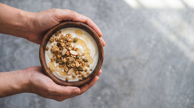 A high angle close up of hands holding a rustic wooden bowl filled with healthy yogurt topped with crunchy granola and nuts