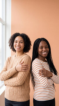 Two happy young black women standing back to back and smiling warmly in front of a bright window and a soft peach wall