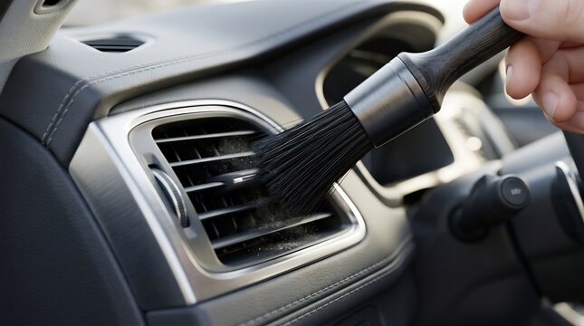 A hand uses a brush to clean dust from a car air vent