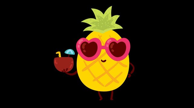 Cute animated pineapple character with heart sunglasses and a drink on a blue screen background.