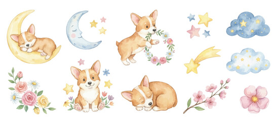 Obraz premium Watercolor corgi puppy collection with floral wreaths and charming cottage garden details. Collection of Vector illustrations for invitation, card, poster, banner, decoration 