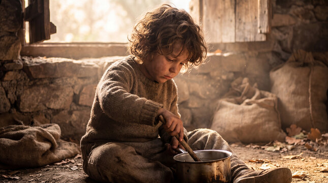 An underprivileged young boy with curly hair sitting on the floor of a dusty rustic room while eating from a simple metal pot