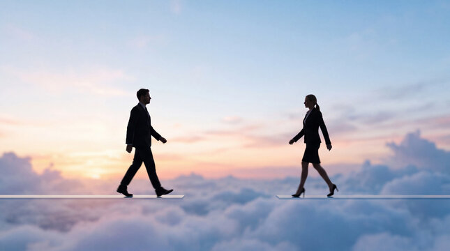 A silhouette of a businessman and businesswoman walking toward each other on a thin wire above a sea of clouds at sunset