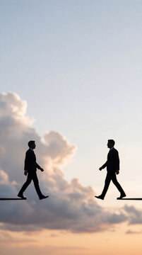 A silhouette of a businessman and businesswoman walking toward each other on a tightrope wire high above the clouds at sunset