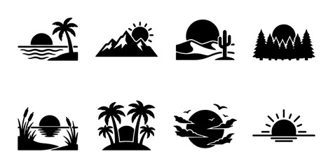 Nature landscape icon set for travel and outdoor themes outline, solid and color styles, white background © Safin
