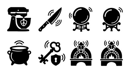Mystical and culinary icons set for magic and cooking outline, solid and color styles, white background © Safin