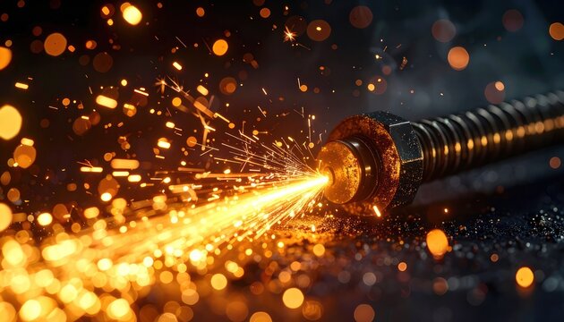 Intense sparks fly from a metal object as it is worked on.