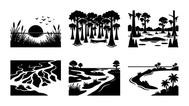 Swamp and wetland landscape icon set for nature and ecology themes outline, solid and color styles, white background