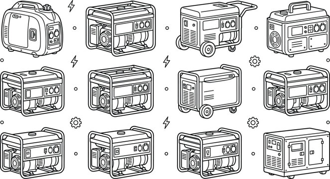 Portable Generator Collection Featuring Emergency Backup Power Units, Industrial Energy Equipment, and Electric Generator Vector Illustrations