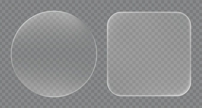 transparent glass or acrylic plate shapes featuring a round circle frame and a rounded square frame on a checkered background, perfect for UI design, badges, and product mockup overlays.