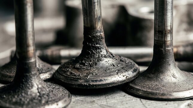 Closeup of dirty engine valves on a workbench in an industrial setting