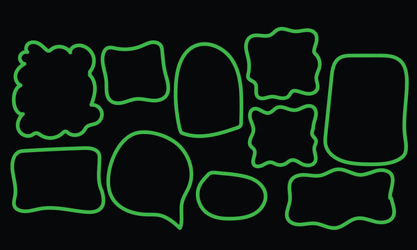Bright neon green hand drawn speech frame borders on black background, toxic green linear look asymmetric comment containers message boxes chart biological layout vector