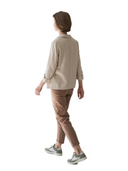 Full length portrait of a young woman walking isolated transparent PNG, student girl full body...