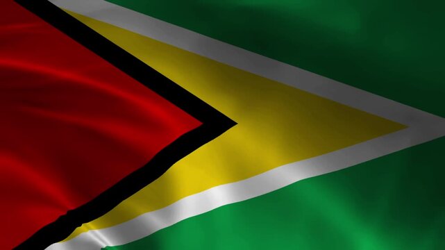Guyana National Flag Waving in Wind Realistic Fabric Texture Background Animation