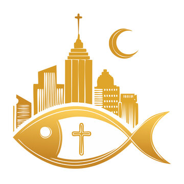 Golden Christian fish symbol with city skyline and crescent moon