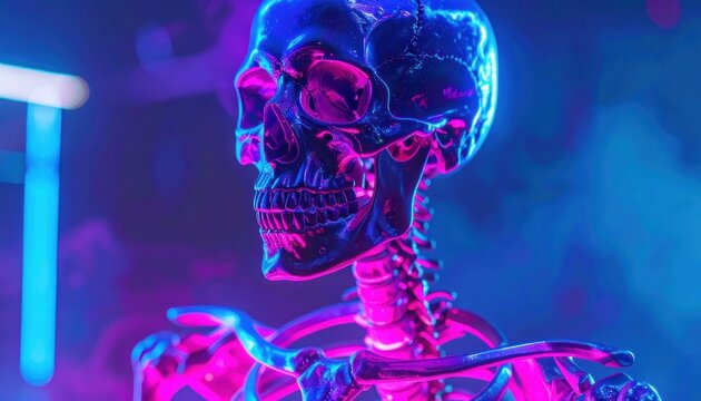 A close-up, profile view of a metallic skeleton illuminated by vibrant blue and pink neon lights, set against a blurred, atmospheric background.