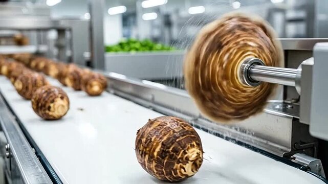 Fresh taro roots moving on a conveyor belt in a modern food processing factory