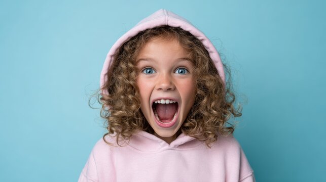 A joyful girl with curly hair captures a moment of pure excitement and happiness, embodying youthful energy. Her expressive face draws viewers in, evoking feelings of bliss and spontaneity.