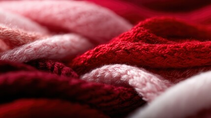 Fototapeta premium The image features a close-up of soft, woven fabric in shades of red and pink, highlighting beautiful textures that evoke feelings of warmth, comfort, and creativity.