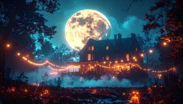 A spooky haunted mansion illuminated by a giant full moon and festive string lights.
