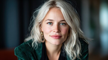 Fototapeta premium A portrait of a confident young woman with striking features and styled hair, embodying beauty, joy, and approachability in a modern, bright environment.