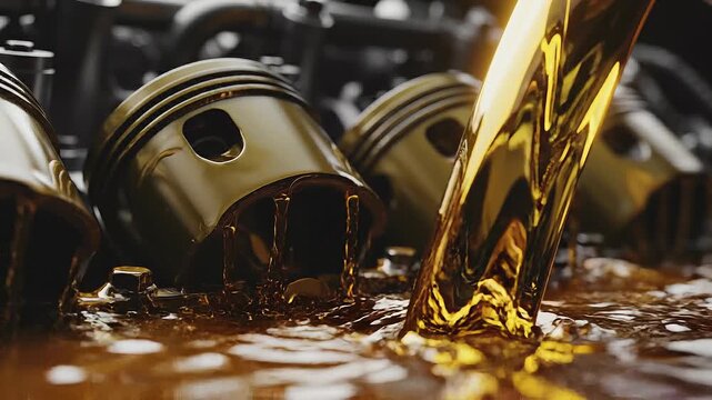 Close up of motor oil pouring into engine pistons in mechanical automotive maintenance repair