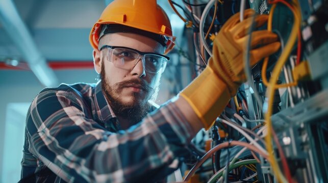 Electrician inspects intricate wiring systems within a server room to ensure optimal connectivity and safety.