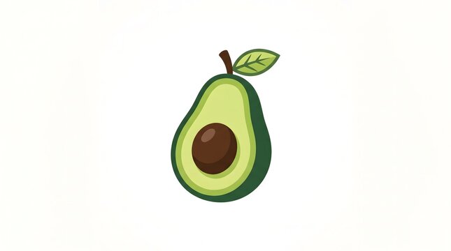 A minimalist and cute vector illustration of a halved fresh green avocado with a brown seed, stem, and a small leaf