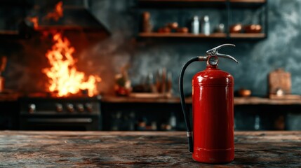Obraz premium A red fire extinguisher prominently placed before a kitchen fire, emphasizing safety measures needed in a cooking environment to prevent accidents and fires.