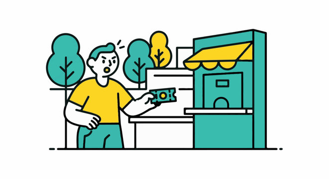 Happy man using outdoor automated teller machine setup.