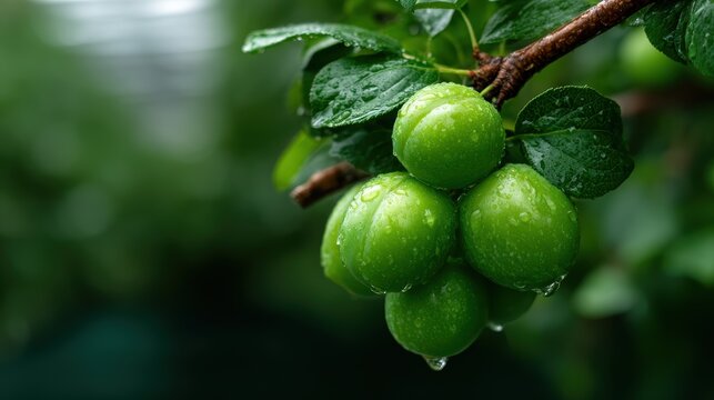 A close-up view of fresh green plums clinging to a branch, glistening with raindrops, representing the vibrancy and nourishment of nature's gifts during the height of the growing season.
