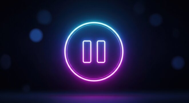 Neon Pause Button Icon Glowing on Dark Background.