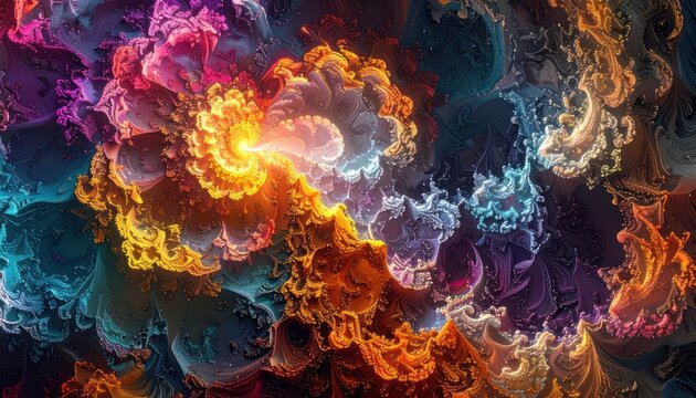 An abstract, swirling pattern of vibrant colors, resembling a fractal bloom of cosmic energy.