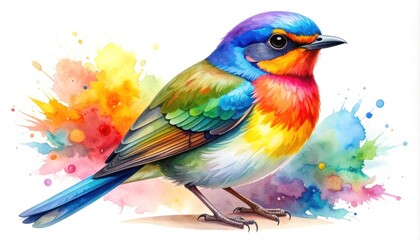 Obraz premium A vibrant watercolor painting of a small, colorful bird with splashes of paint behind it.