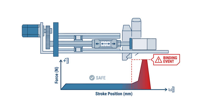 Technical diagram of cartoning machine force monitoring showing normal stroke position and a sudden binding event spike
