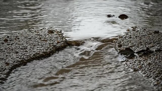 Rainwater flows through a broken asphalt road during a heavy storm
